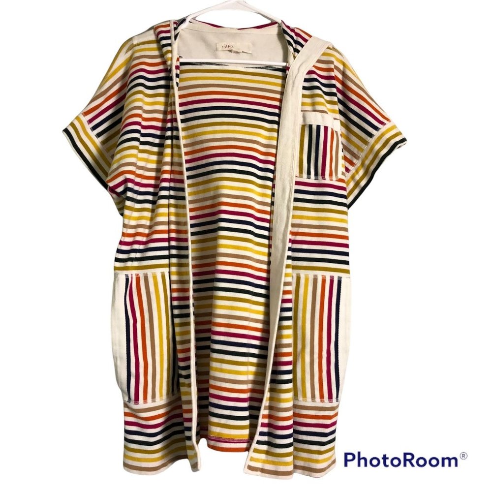Lilka Anthropologie Rainbow Stripe Short Sleeve Hooded Cardigan Sweater Cover Up